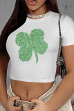 Green Yellow Casual Print Four Leaf Clover Shamrock Contrast O Neck T-Shirts