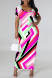 Black Gray Casual Geometric Print Gradient Contrast O Neck Printed Short Sleeve Dress