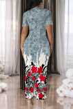 Black Gray Casual Geometric Print Gradient Contrast O Neck Printed Short Sleeve Dress