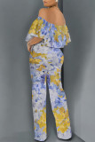 Gray Green Sexy Floral Print Pocket Flounce Off Shoulder Loose Jumpsuits