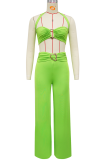 Green Sexy Solid Color Metal Accessories Trim Backless Halter Sleeveless Two Pieces
