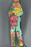Gray Green Sexy Floral Print Pocket Flounce Off Shoulder Loose Jumpsuits