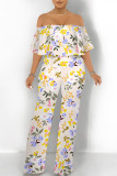 Gray Green Sexy Floral Print Pocket Flounce Off Shoulder Loose Jumpsuits
