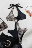 Leopard Print Sexy Leopard Print Hollow Out Patchwork Backless Belted Swimwears (With Paddings)