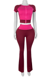 Rose Red Casual Zipper Contrast Zipper Collar Short Sleeve Two Pieces
