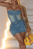 Sky Blue Sexy Solid Color Pocket Buckle Zipper Strapless Sleeveless Two Pieces