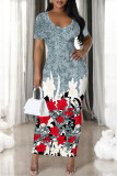 Black Gray Casual Geometric Print Gradient Contrast O Neck Printed Short Sleeve Dress