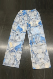 Light Blue Casual Print Draw String Loose Mid Waist Conventional Full Print Bottoms
