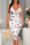 White Purple Sexy Floral Print Contrast V Neck Printed Dresses