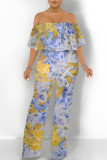 Gray Green Sexy Floral Print Pocket Flounce Off Shoulder Loose Jumpsuits
