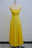 Yellow Elegant Solid Color Patchwork Asymmetrical Collar Long Dresses