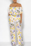 Gray Green Sexy Floral Print Pocket Flounce Off Shoulder Loose Jumpsuits