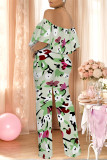 Gray Green Sexy Floral Print Pocket Flounce Off Shoulder Loose Jumpsuits