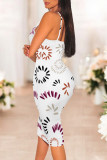 White Purple Sexy Floral Print Contrast V Neck Printed Dresses