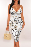 White Purple Sexy Floral Print Contrast V Neck Printed Dresses