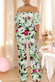Gray Green Sexy Floral Print Pocket Flounce Off Shoulder Loose Jumpsuits