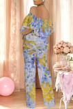 Gray Green Sexy Floral Print Pocket Flounce Off Shoulder Loose Jumpsuits