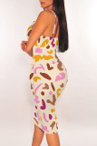White Purple Sexy Floral Print Contrast V Neck Printed Dresses