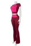 Rose Red Casual Zipper Contrast Zipper Collar Short Sleeve Two Pieces