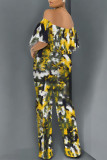 Gray Green Sexy Floral Print Pocket Flounce Off Shoulder Loose Jumpsuits