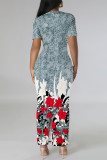 Black Gray Casual Geometric Print Gradient Contrast O Neck Printed Short Sleeve Dress
