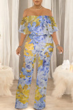 Gray Green Sexy Floral Print Pocket Flounce Off Shoulder Loose Jumpsuits