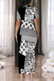 Black Gray Casual Geometric Print Gradient Contrast O Neck Printed Short Sleeve Dress