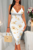 White Purple Sexy Floral Print Contrast V Neck Printed Dresses