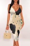 White Purple Sexy Floral Print Contrast V Neck Printed Dresses