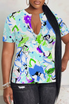 Blue White Casual Geometric Print Contrast V Neck T-Shirts