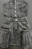 Sky Blue Sexy Solid Color Pocket Buckle Zipper Strapless Sleeveless Two Pieces