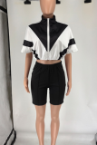 Khaki Casual Zipper Contrast Zipper Collar Short Sleeve Two Pieces