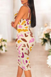 White Purple Sexy Floral Print Contrast V Neck Printed Dresses