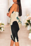 White Purple Sexy Floral Print Contrast V Neck Printed Dresses