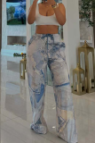 Light Blue Casual Print Draw String Loose Mid Waist Conventional Full Print Bottoms
