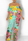 Gray Green Sexy Floral Print Pocket Flounce Off Shoulder Loose Jumpsuits
