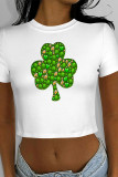 Green Yellow Casual Print Four Leaf Clover Shamrock Contrast O Neck T-Shirts