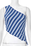 Blue Sexy Print One Shoulder T-Shirts