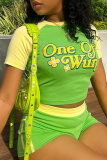 Green Casual Letters Patchwork O Neck Short Sleeve Two Pieces