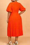 Orange Elegant Solid Color With Belt Pleated O Neck Long Plus Size Dresses