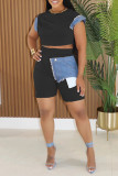 Black Casual Daily Patchwork Basic O Neck Short Sleeve Two Pieces