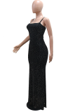 Black Sexy Solid Color Hot Drill Spaghetti Strap Long Dresses