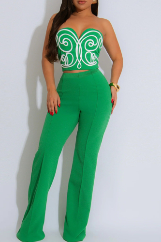 Green Sexy Stripe Patchwork Strapless Sleeveless Two Pieces