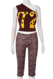 Brown Sexy Print Patchwork Oblique Collar Sleeveless Two Pieces