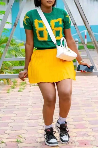 Green Sportswear Letters See-Through Contrast O Neck Short Sleeve Two Pieces