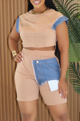 Khaki Casual Daily Patchwork Basic O Neck Short Sleeve Two Pieces
