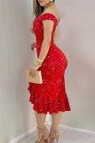 Black Sexy Elegant Solid Sequined Stringy Selvedge Off the Shoulder Evening Dress Dresses