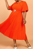 Orange Elegant Solid Color With Belt Pleated O Neck Long Plus Size Dresses