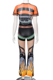 Orange Casual Print Patchwork O Neck Short Sleeve Two Pieces
