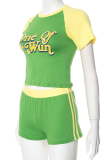 Green Casual Letters Patchwork O Neck Short Sleeve Two Pieces
